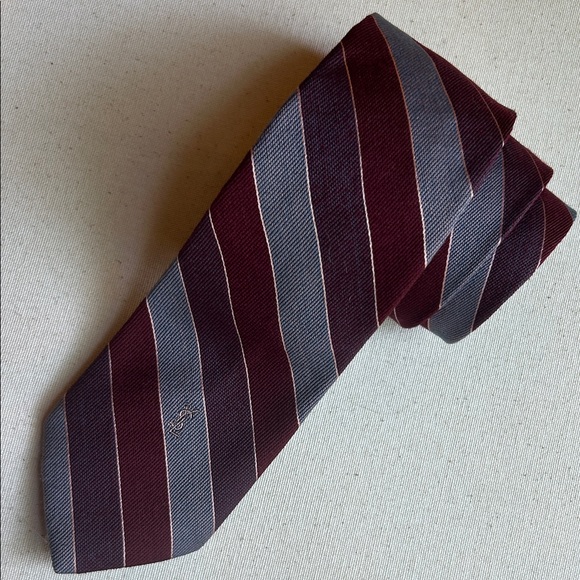 Yves Saint Laurent Vintage Narrow Devereaux Stripes Burgundy, Gold and Gray Tie - Picture 1 of 6